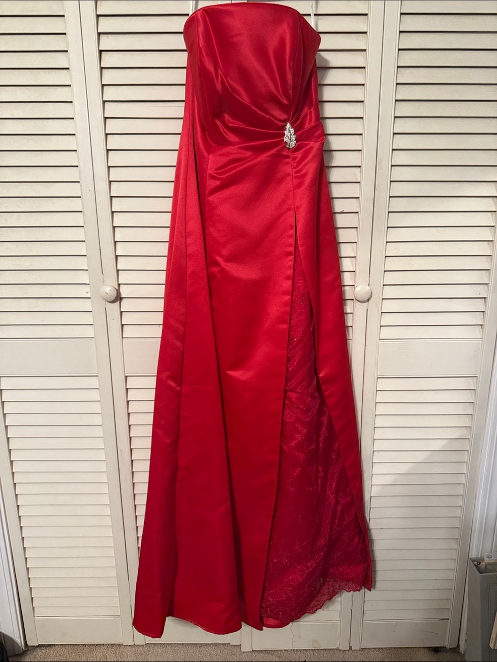 Strapless Red Satin Prom Dress with Side Brooch Detail